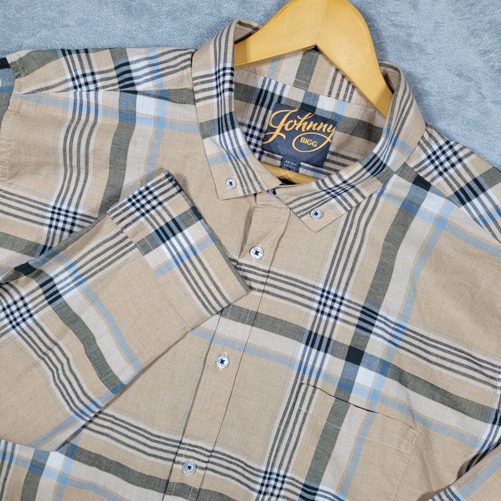 Johnny Bigg Button Down Shirt Mens 3XL Tan Plaid JB Originals Long Sleeve Cotton